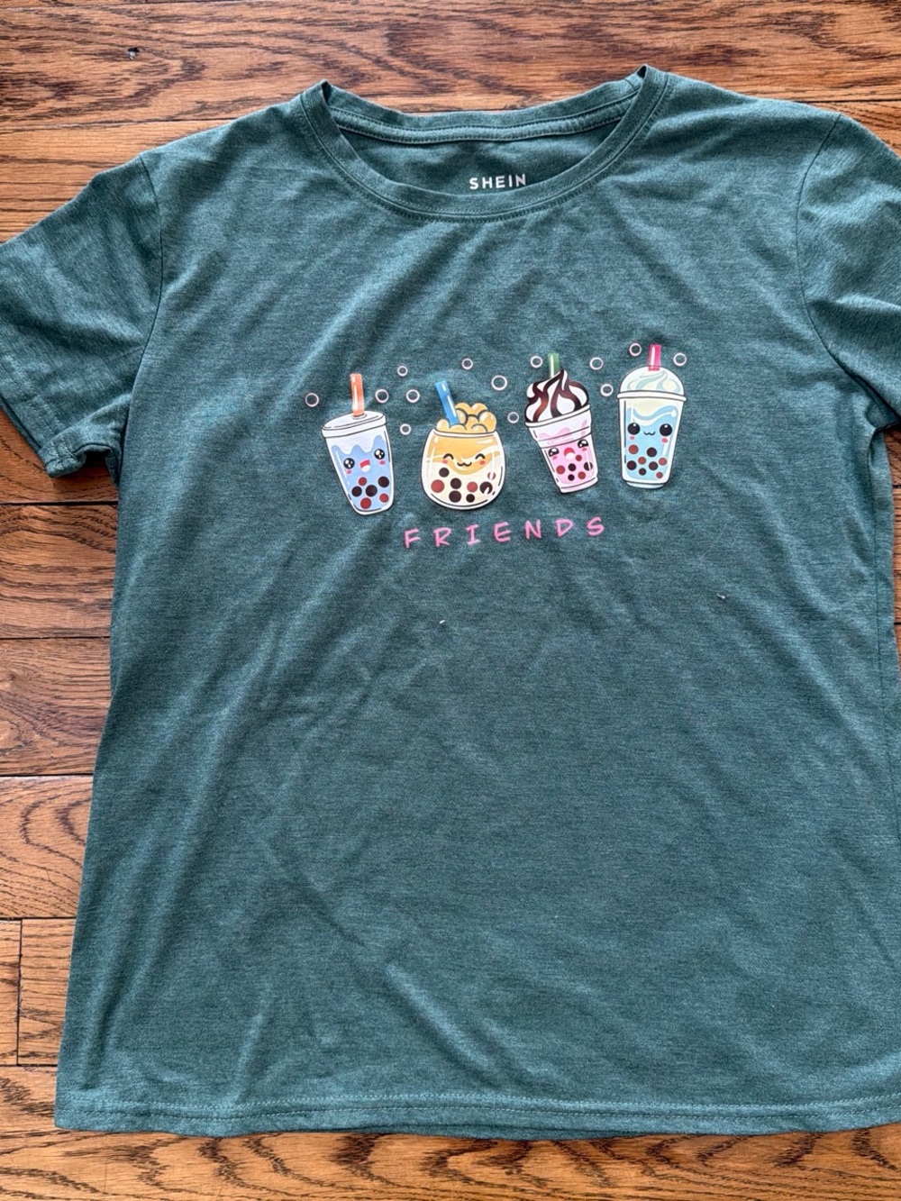 SHEIN Kids Dark Green Bubble Tea 'Friends' Graphic Tee